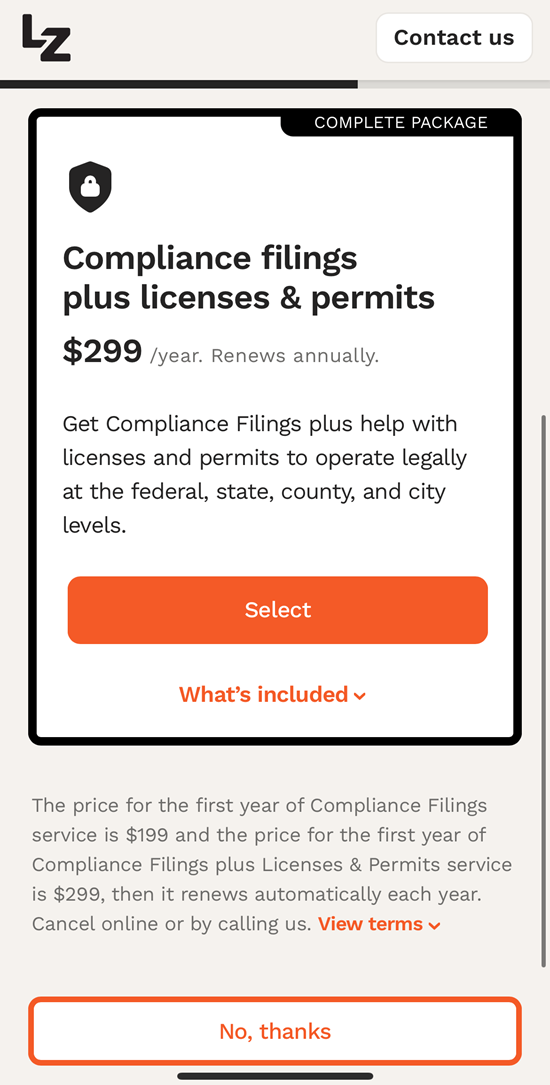 Screenshot of LegalZoom business License and permits page