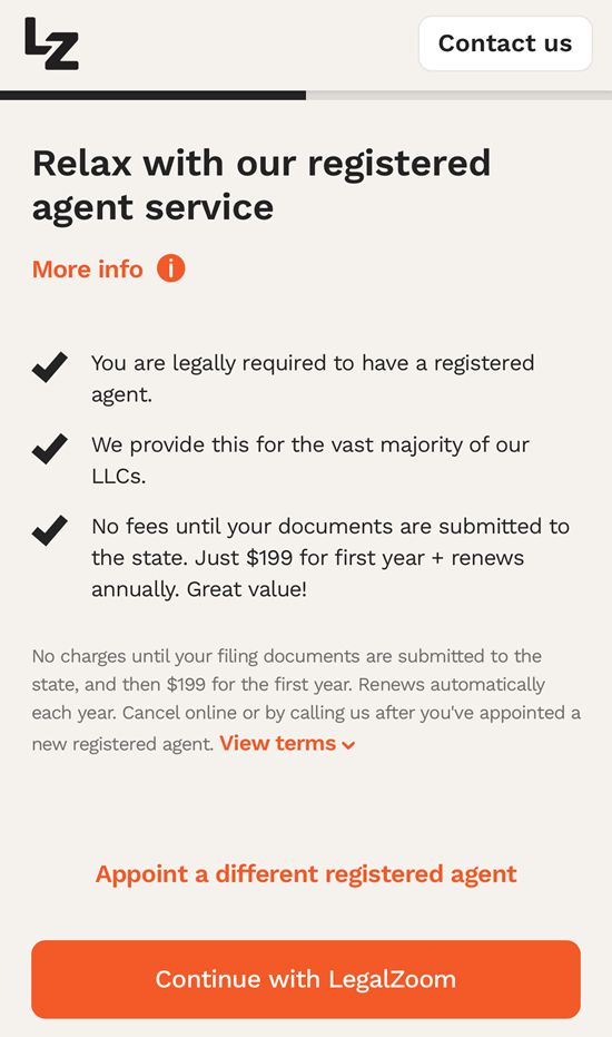Screenshot of LegalZoom registered agent service
