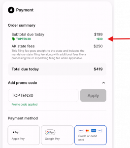 A screenshot from ZenBusiness checkout page showing how to use the promo code to get a discount of $30 when purchasing the Pro package.